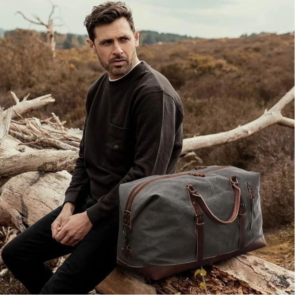 S-ZONE Travel Canvas Carry on Weekender Gray and Brown Men's Duffle Bag
